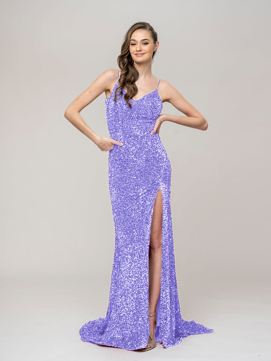 Spaghetti Strap Open Back Sequin Fitted Prom Dresses