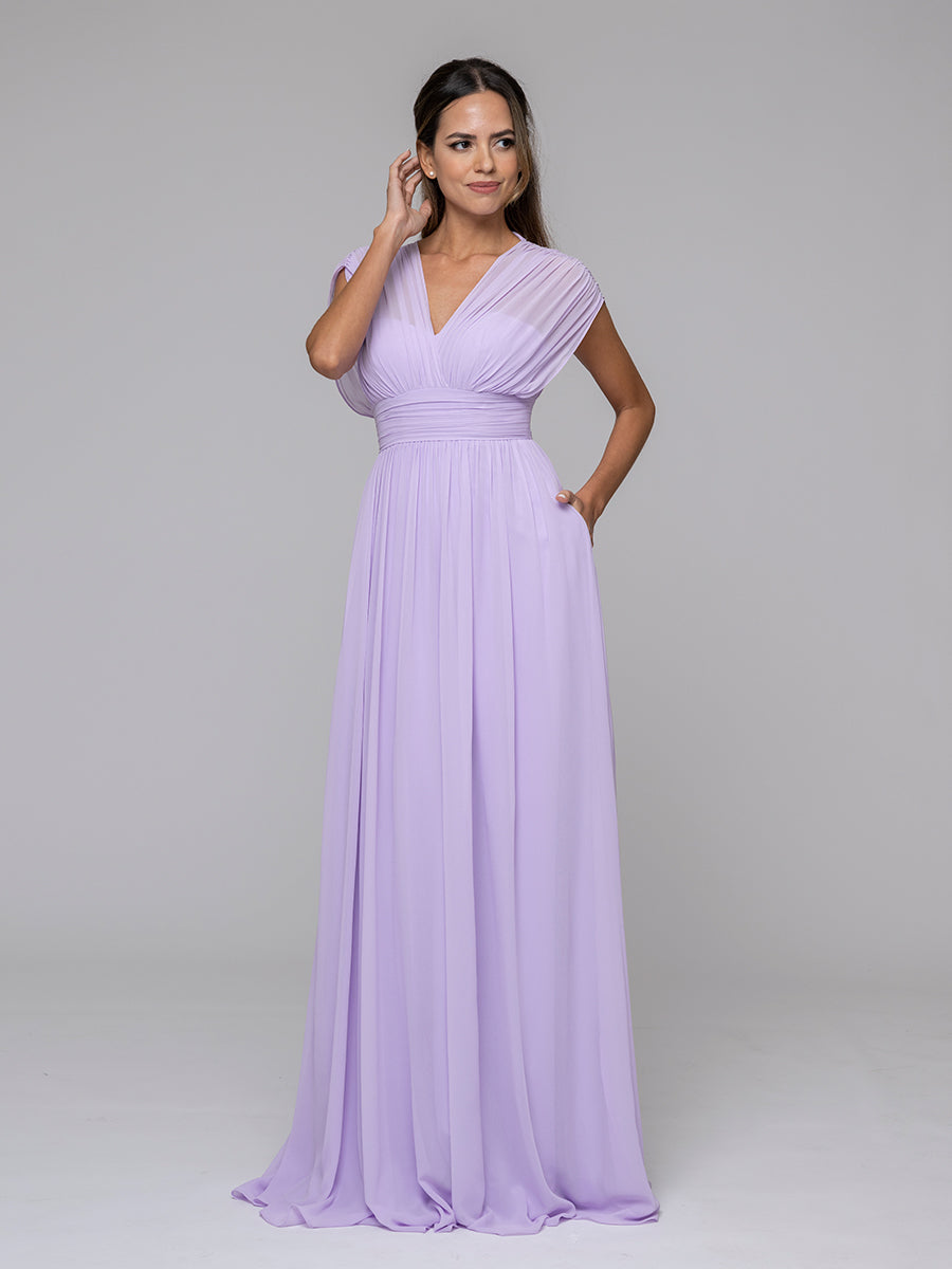 Lilac Chiffon V Neck Cap Sleeve Floor Length Bridesmaid Dresses