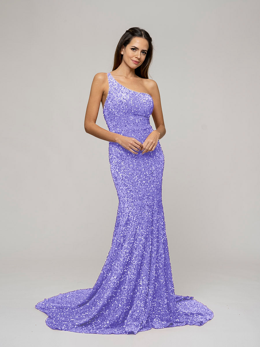 Straps Back One Shoulder Sequin Fitted Prom Dresses