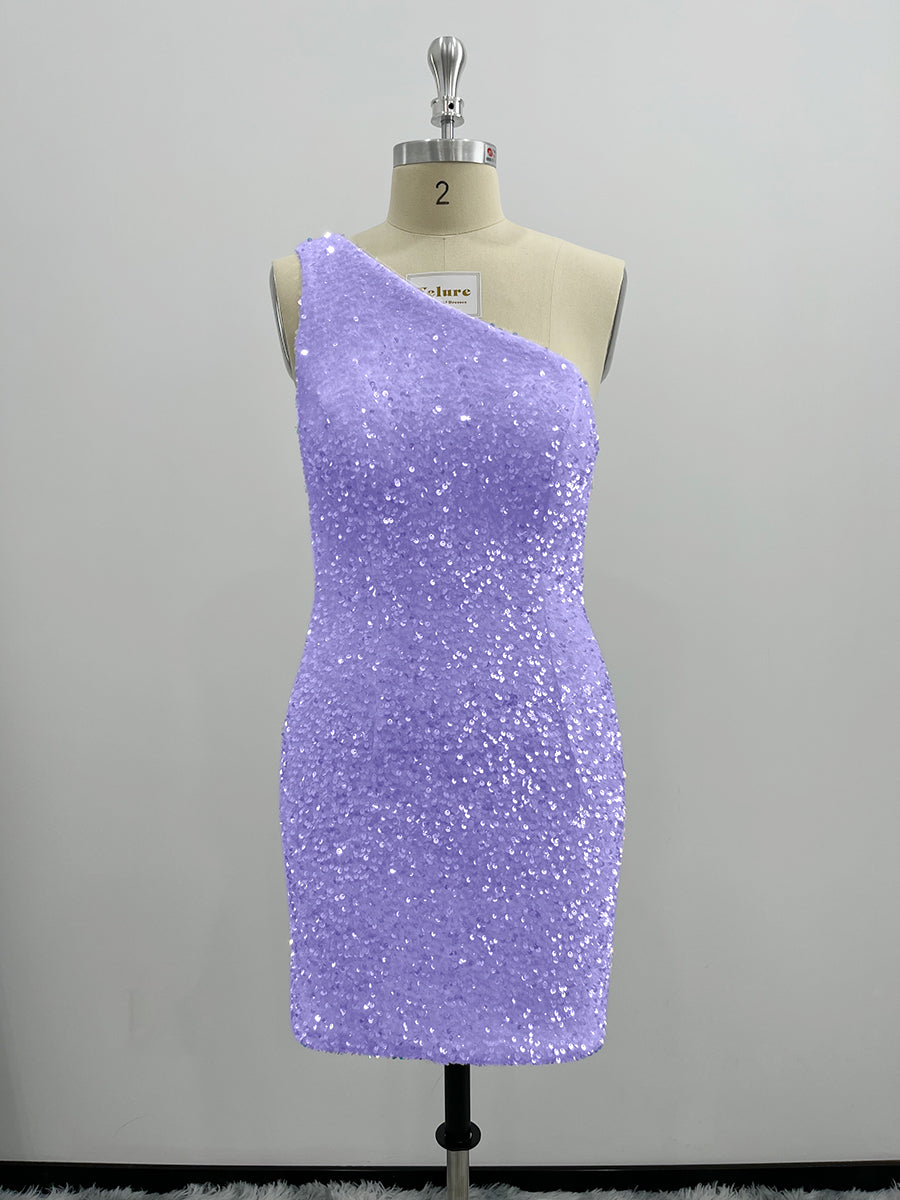 Shiny One Shoulder Velvet Sequin Sheath Homecoming Dresses