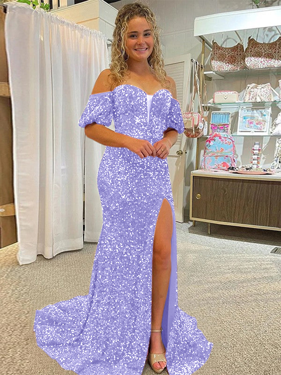 Sheath Off the Shoulder Short Sleeves Long Velvet Sequin Prom Dress