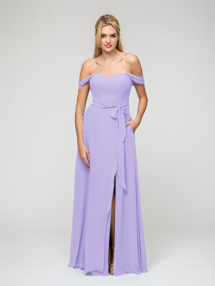 Slit A Line Chiffon Off The Shoulder Bridesmaid Dresses