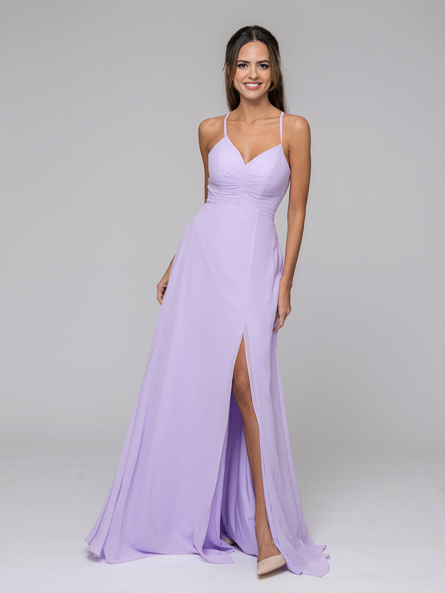 Lilac Split Sweetheart Chiffon Long Bridesmaid Dresses With Crisscross Back