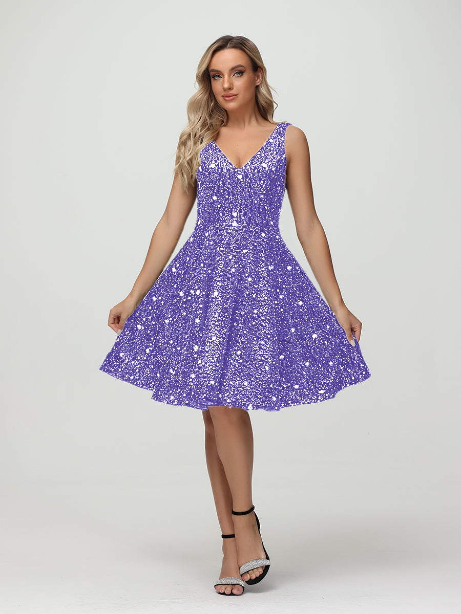 Straps V Neck Velvet Sequin A Line Homecoming Dresses