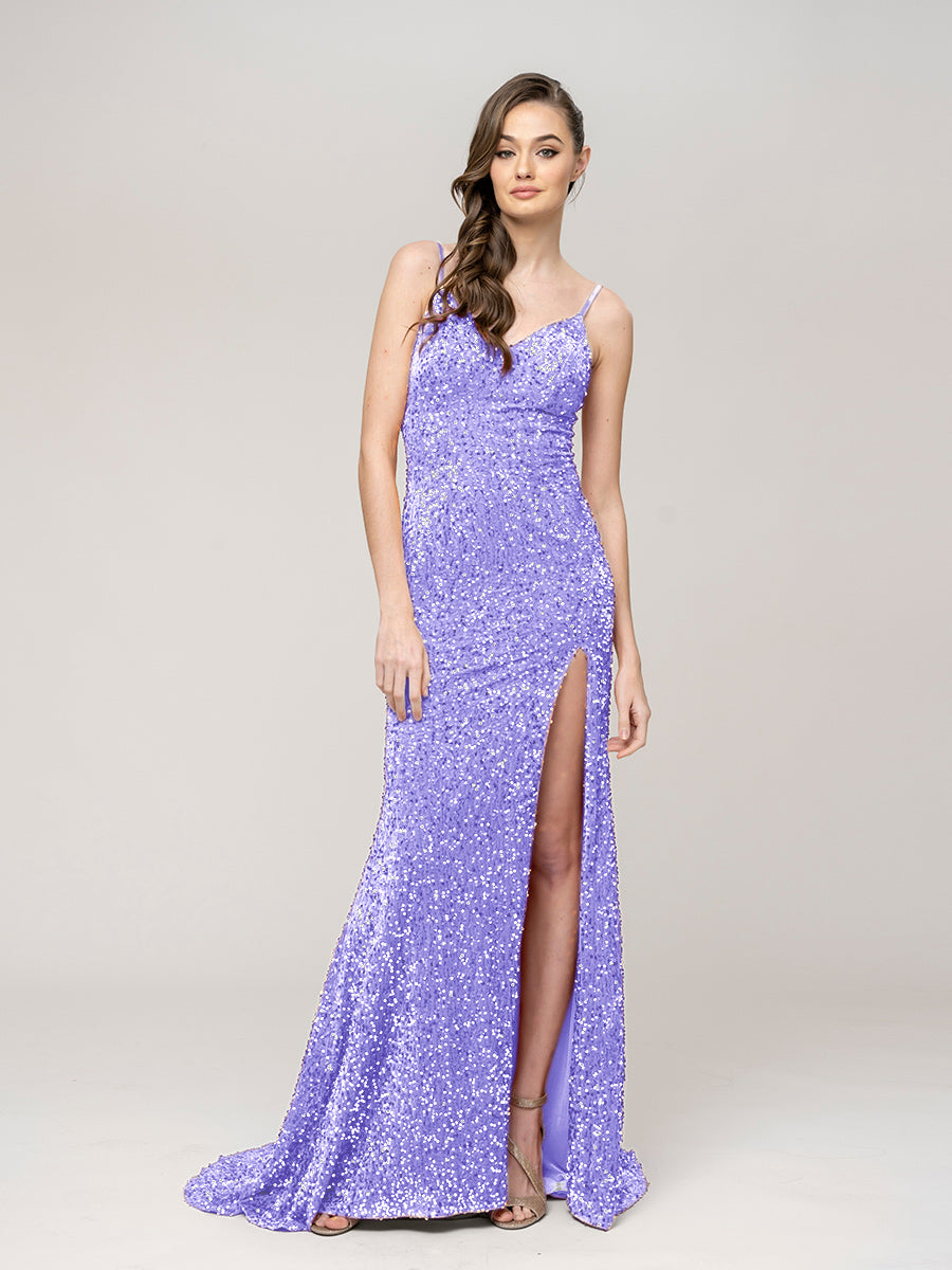 Sequin Spaghetti Strap Open Back Fitted Prom Dresses