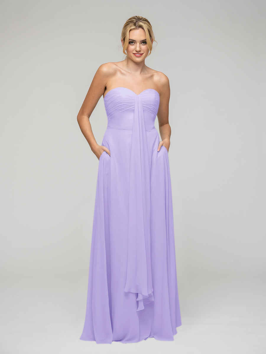 A Line Chiffon Strapless Bridesmaid Dresses With Ribbons