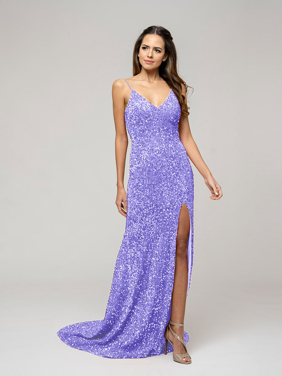 Sweep Train Side Slit Formal Party Prom Gown With Sequin