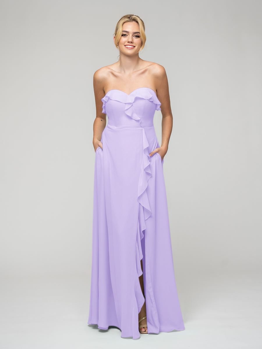 A Line Chiffon Strapless Bridesmaid Dresses With Ruffles