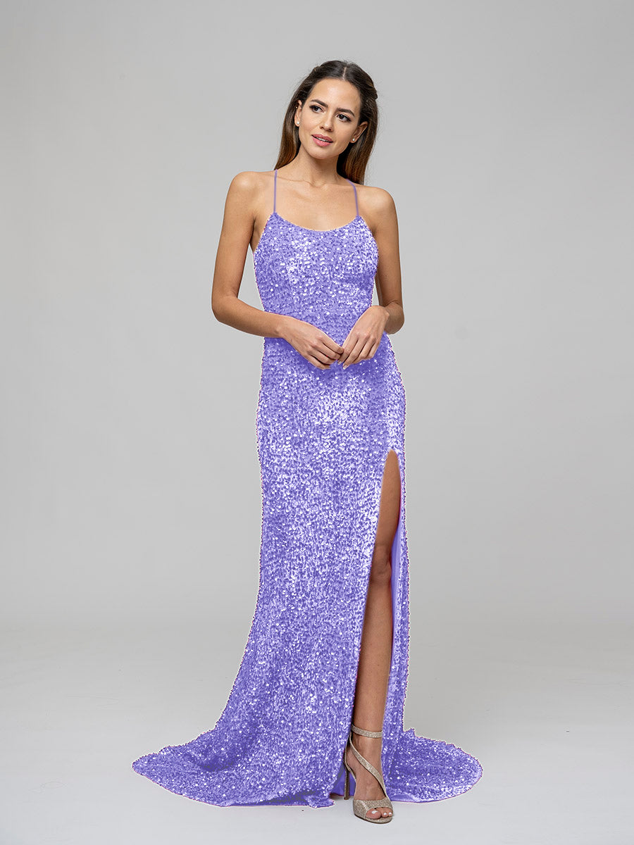 Sequin Side Split Scoop Neckline Fitted Long Prom Gown