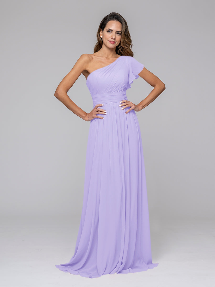 A Line One Shoulder Chiffon Flutter Sleeve Bridesmaid Dresses