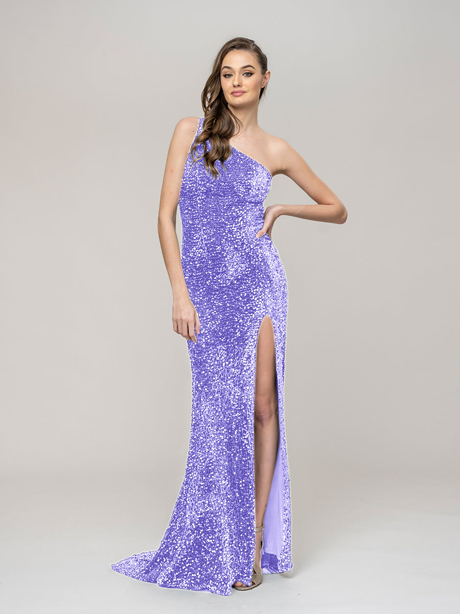 All Over Sequin One Shoulder Fitted Long Prom Dresses