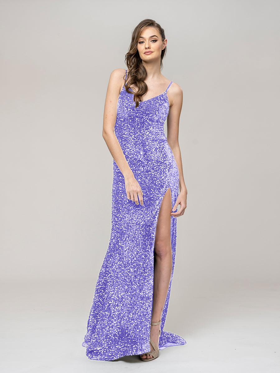 V Neck Sequin Fitted Prom Dress With Sweep Train