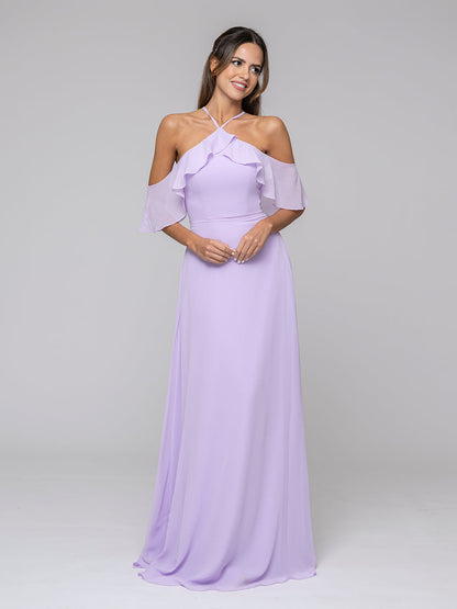 Lilac Halter Ruffles Off The Shoulder Chiffon Floor Length Bridesmaid Dresses