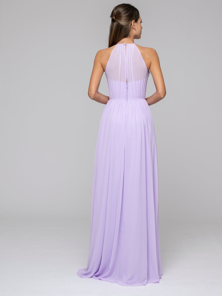 Lilac Long Chiffon Halter Bridal Party Dresses With Pleated Bodice