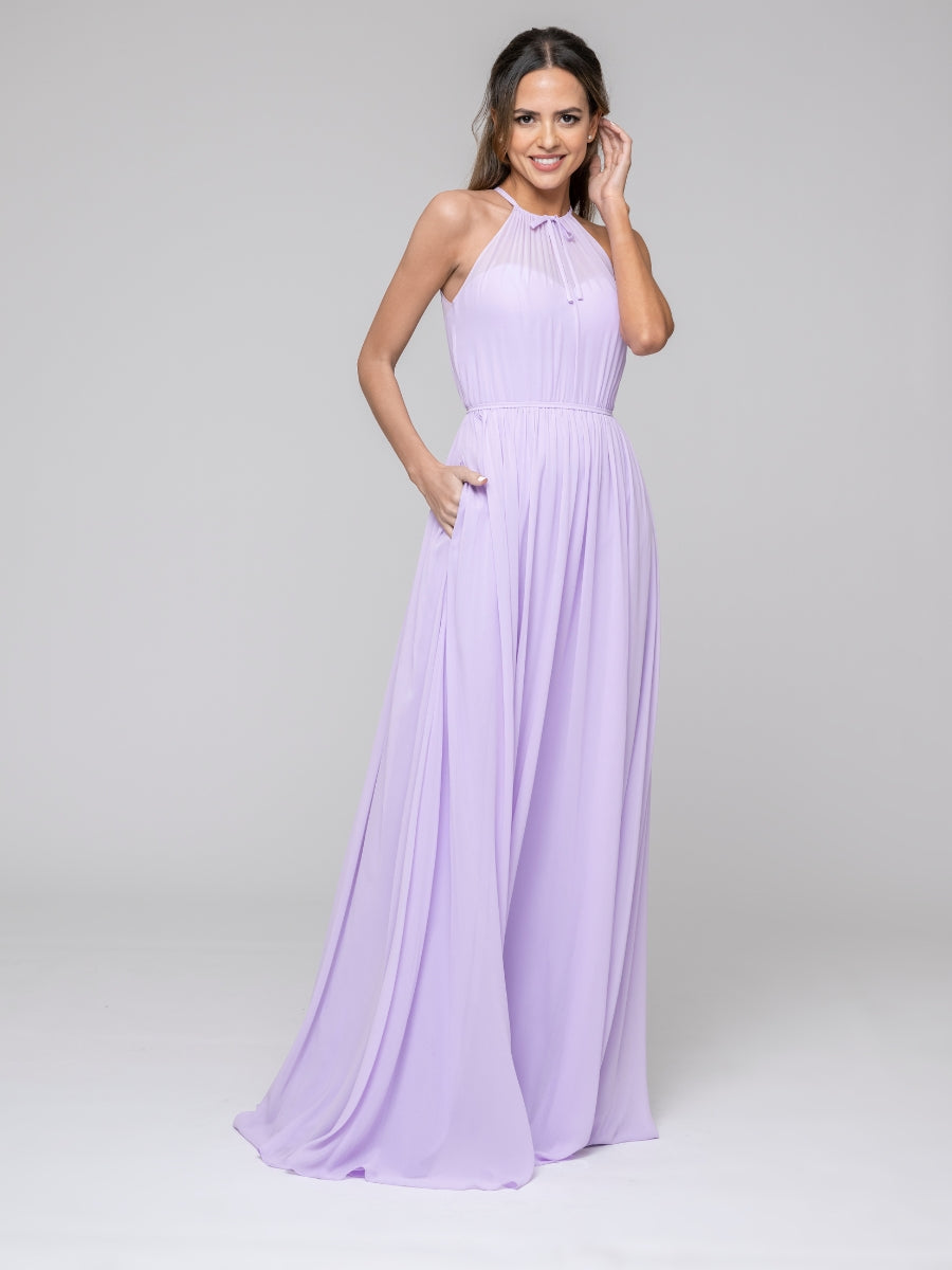 Lilac Long Chiffon Halter Bridal Party Dresses With Pleated Bodice