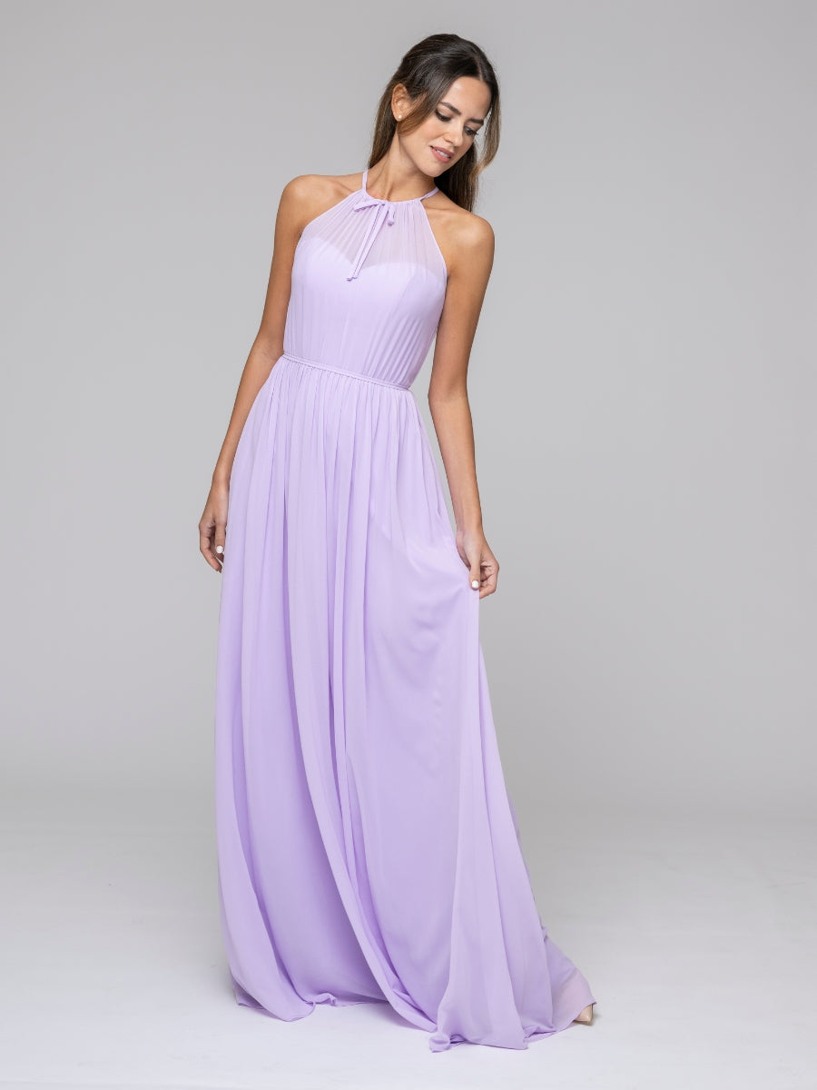 Lilac Long Chiffon Halter Bridal Party Dresses With Pleated Bodice