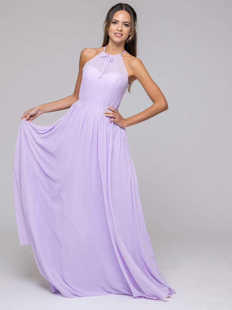 Lilac Long Chiffon Halter Bridal Party Dresses With Pleated Bodice