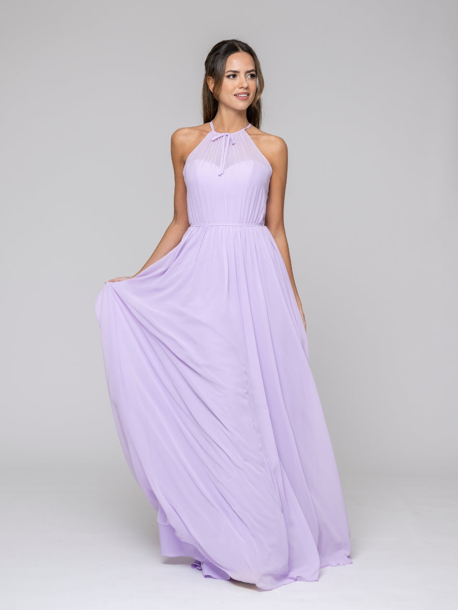 Lilac Long Chiffon Halter Bridal Party Dresses With Pleated Bodice