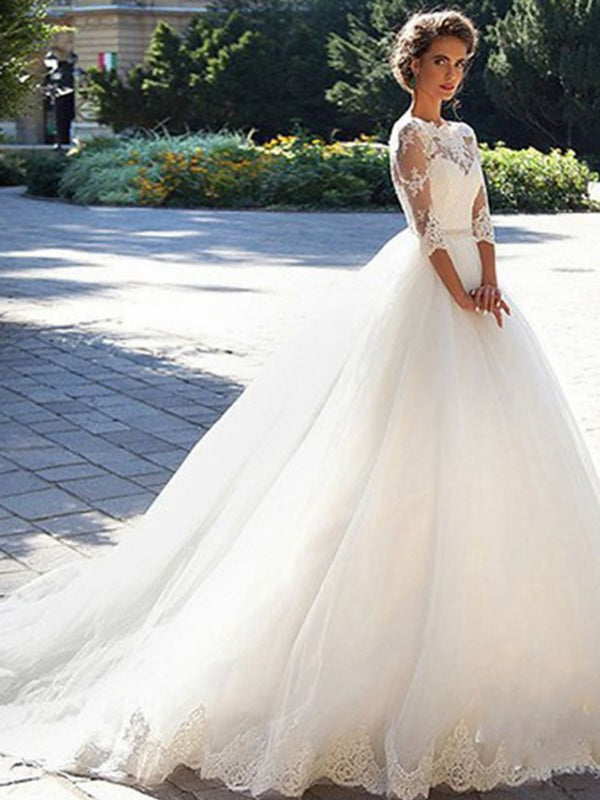3/4  Sleeve Boat Neck Applique A Line Wedding Dresses