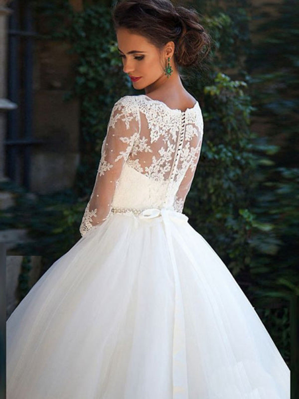 3/4  Sleeve Boat Neck Applique A Line Wedding Dresses