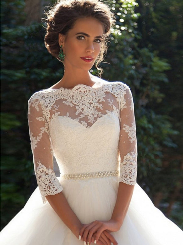3/4  Sleeve Boat Neck Applique A Line Wedding Dresses