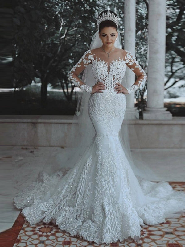 Stunning Mermaid  Long Sleeve Applique Wedding Dresses