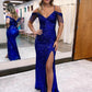 Sheath Cold Shoulder Sleeveless Long Floor Length Velvet Sequin Prom Dress