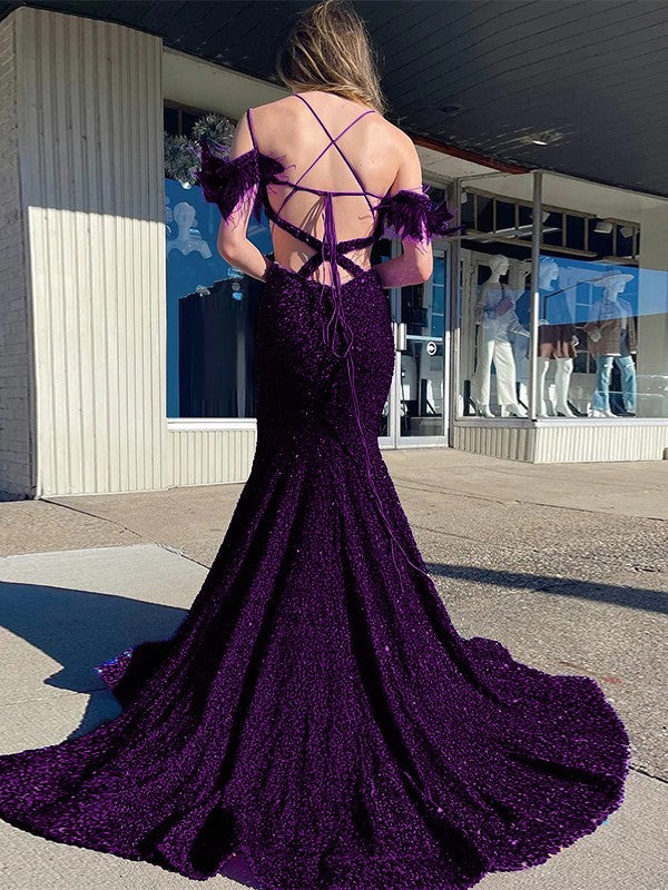 Sheath Cold Shoulder Sleeveless Long Velvet Sequin Prom Dress