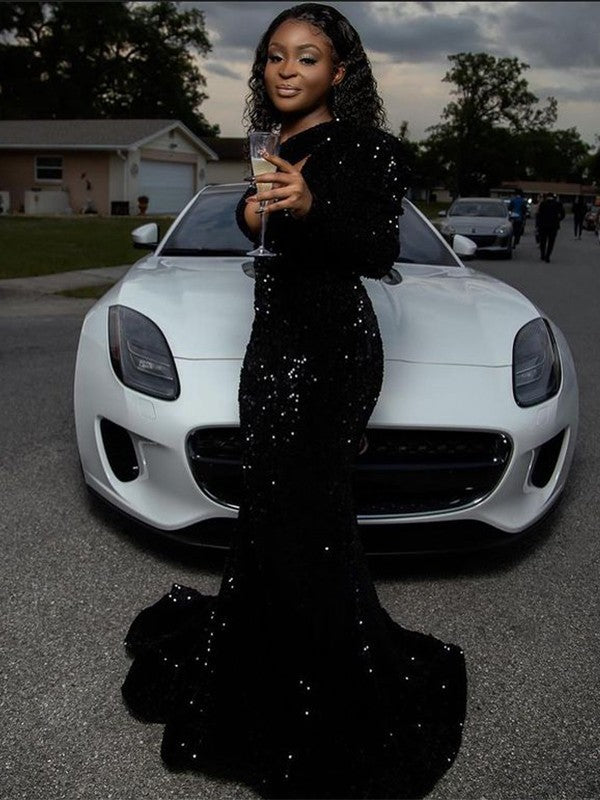 Sheath One Shoulder Long Sleeves Long Velvet Sequin Prom Dress