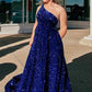 A-Line One Shoulder Sleeveless Long Sweep Train Velvet Sequin Prom Dress