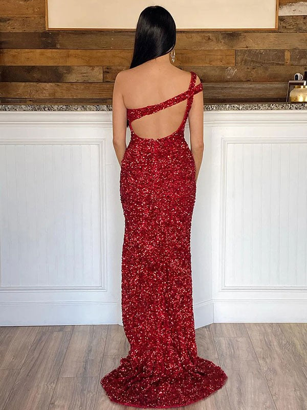 Sheath One Shoulder Sleeveless Long Sweep Train Velvet Sequin Prom Dress