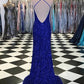 Sheath V-Neck Sleeveless Long Sweep Train Velvet Sequin Prom Dress