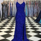 Sheath V-Neck Sleeveless Long Sweep Train Velvet Sequin Prom Dress