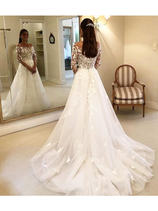 Illusion Crew Neckline Long Sleeve Applique A Line Wedding Dresses