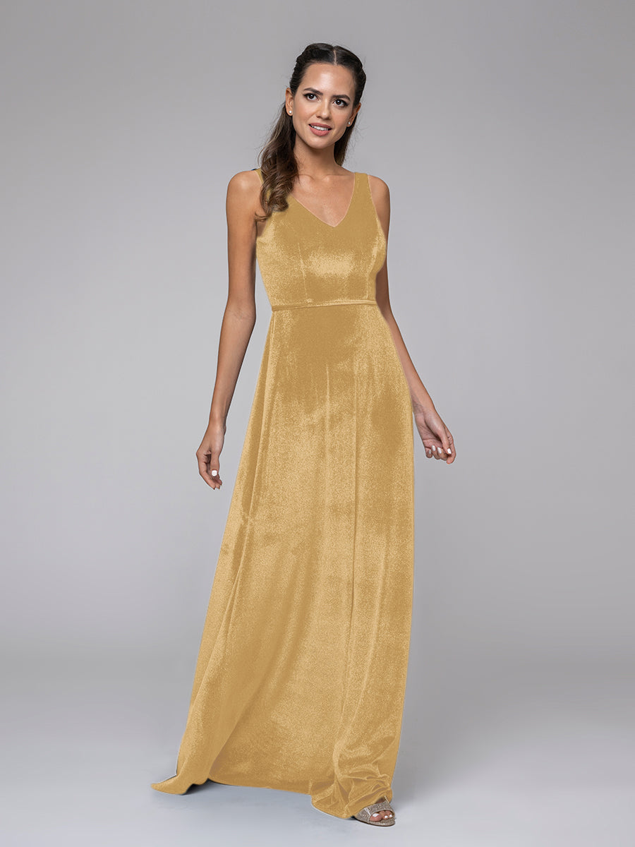 Velvet V Neck Straps A Line Long Bridesmaid Dresses