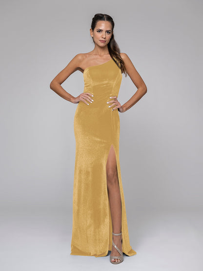One Shoulder Velvet Mermaid Bridesmaid Dresses With Leg Slit