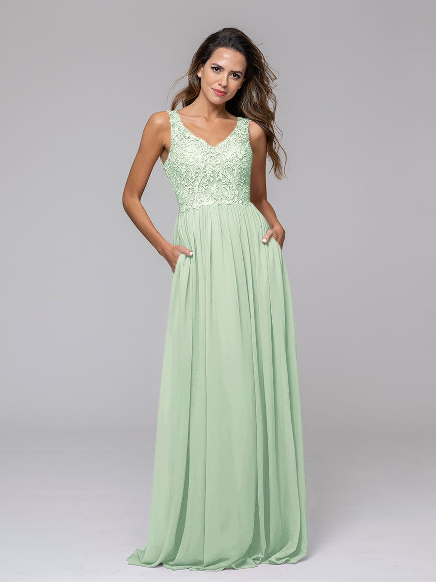 Applique V Neck Keyhole Back A Line Bridesmaid Dresses