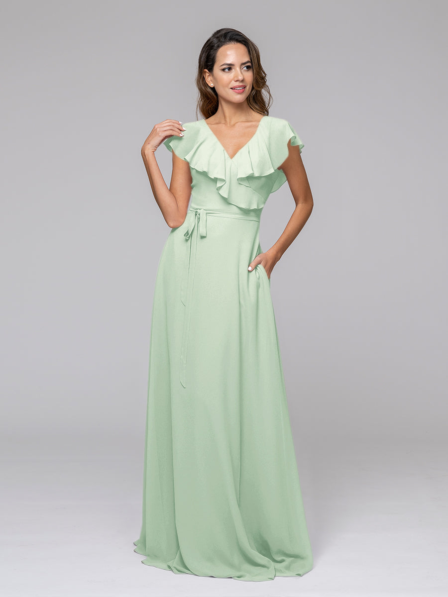 Ruffle Sleeve V Neck Belt Bridesmaid Dresses For Wedding