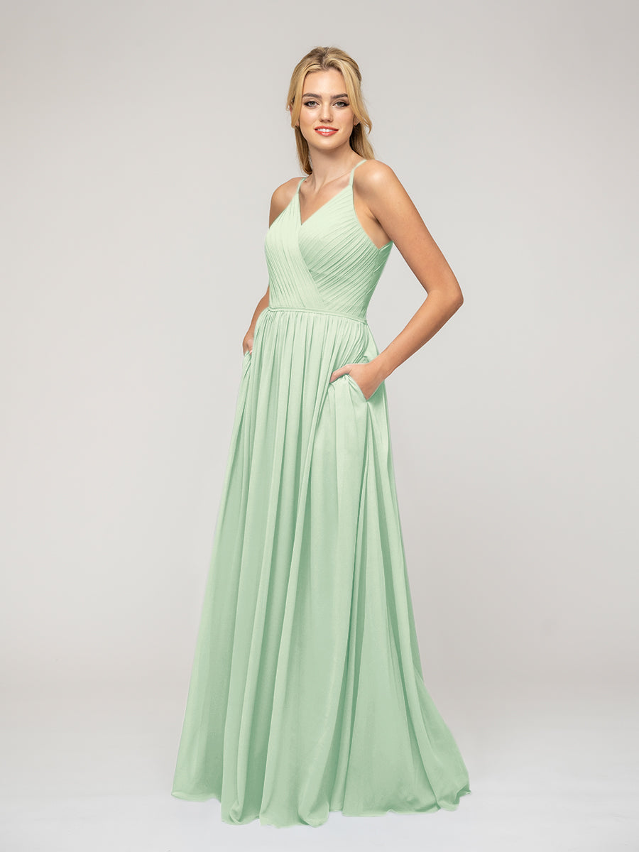 A Line Keyhole Back Chiffon Spaghetti Straps Bridesmaid Dresses