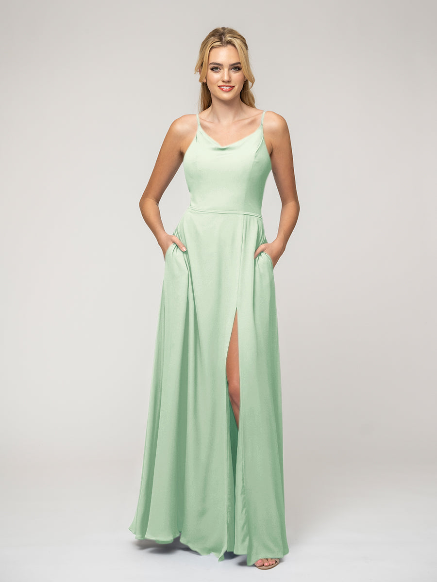 A Line Cowl Neckline Chiffon Spaghetti Straps Bridesmaid Dresses