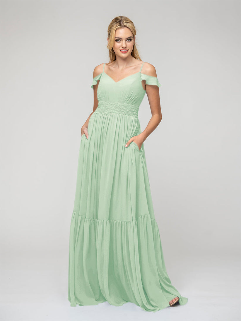 off the shoulder mint green chiffon bridesmaid dresses