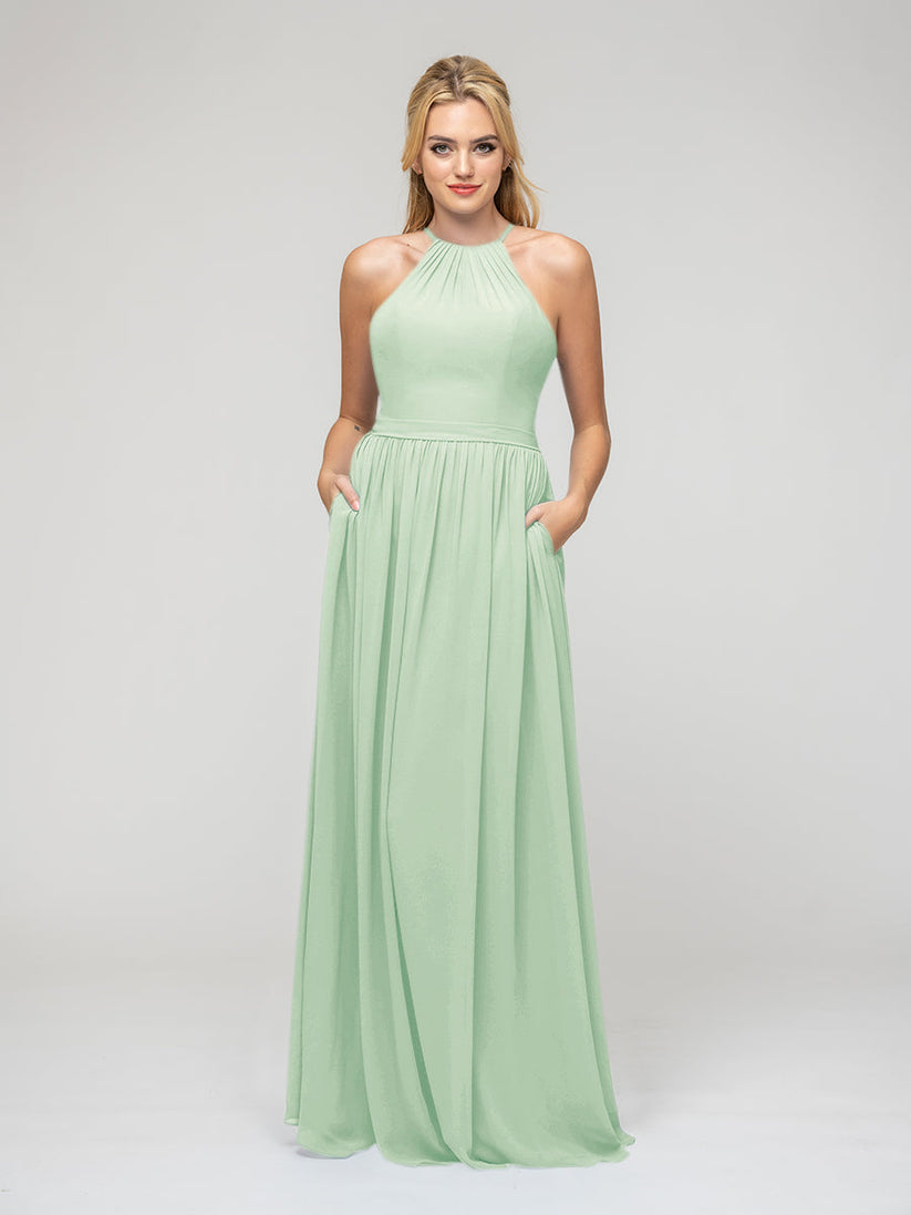 mint green halter chiffon bridesmaid dresses