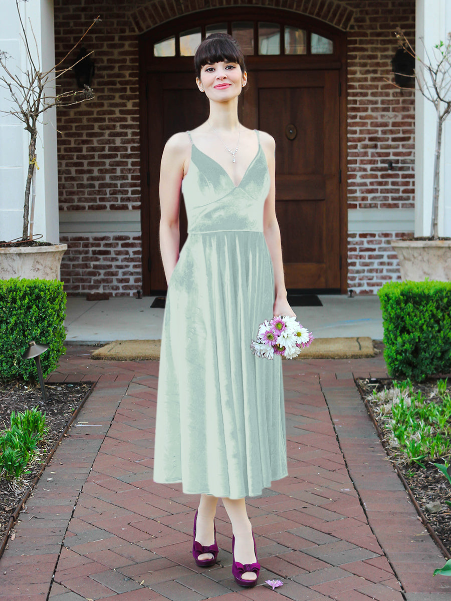 Glamorous A Line Tea Length Velvet Bridesmaid Dresses