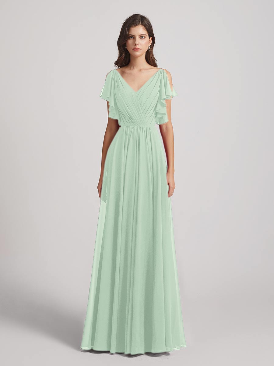 Open Flutter Sleeve Pleated Bodice A Line Bridesmaid Dresses