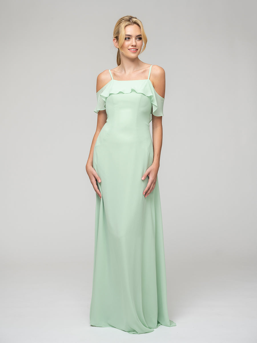 Cold Shoulder Ruffles Chiffon Bridesmaid Dresses With Open Back