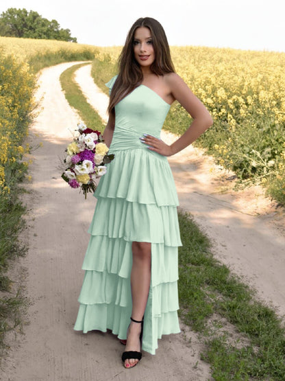 One Shoulder Chiffon Tiered Skirt Bridesmaid Dresses