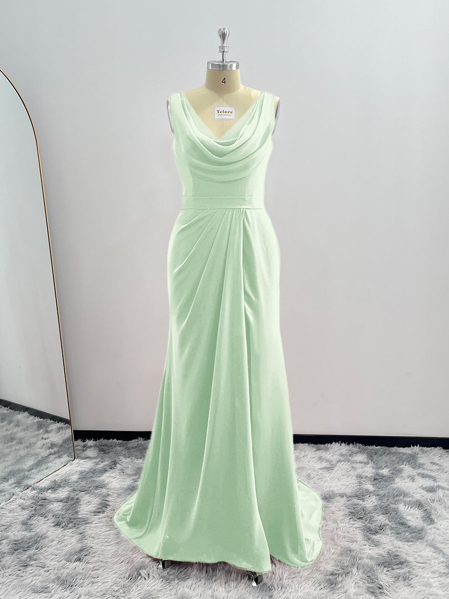 Sheath Cowl Neck Sleeveless Chiffon Bridesmaid Dresses With Slit and Ruffles