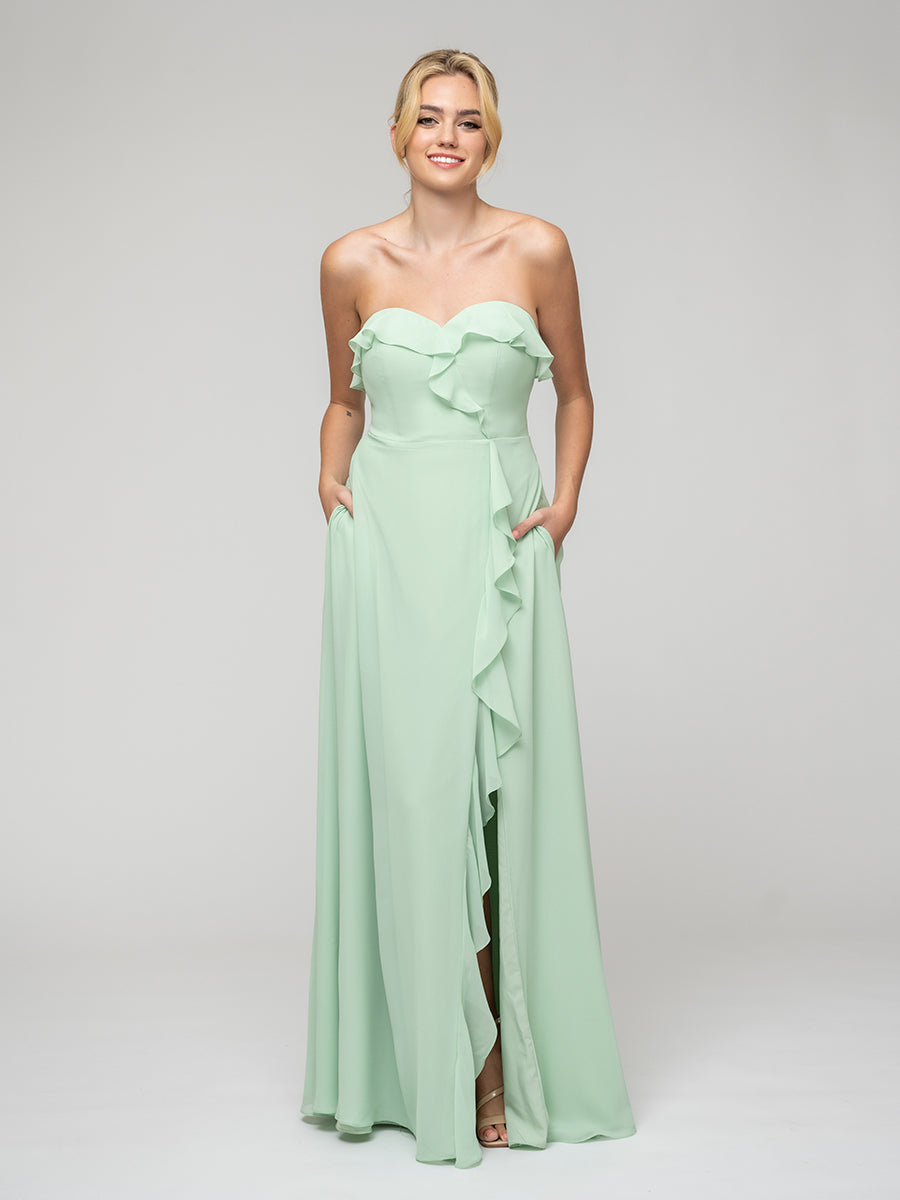 A Line Chiffon Strapless Bridesmaid Dresses With Ruffles