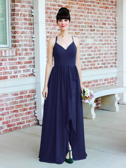 Chiffon Tie Back Bridesmaid Dresses With Ruffles Slit