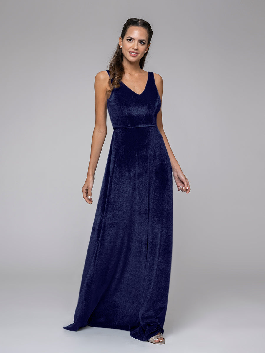 Velvet V Neck Straps A Line Long Bridesmaid Dresses